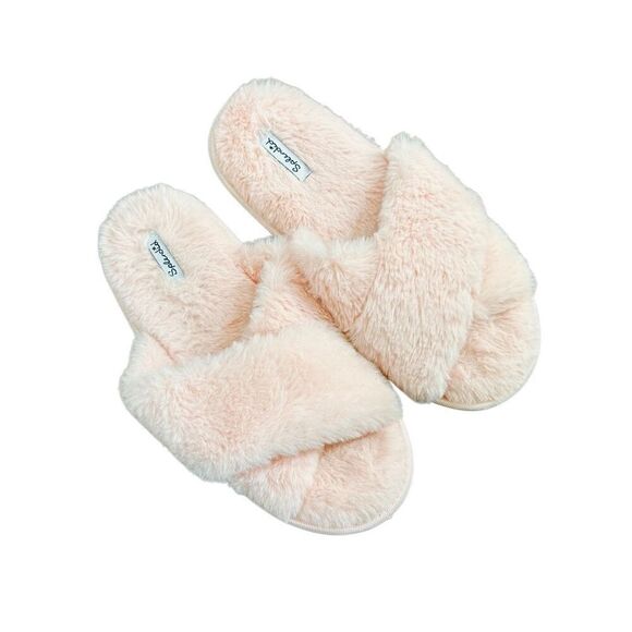 NEW Splendid Women’s S/M Slip On Light Pink Plush Cross Slide Slippers - Picture 4 of 5